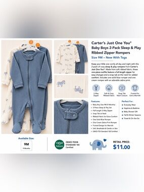 Carter's Blue & Cream Ribbed Zipper One-Piece 2-Pack